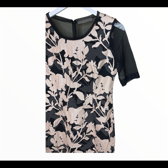 D.EXTERIOR Floral Print Cocktail Dress Black/Blush With Mesh Sleeves Pink Medium - Picture 4 of 8